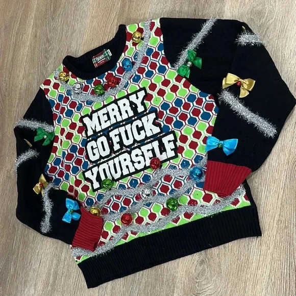 Spencer’s Ugly Christmas‎ Sweater “Merry Go F…. Yourself” light up, sweater XL - Picture 1 of 13